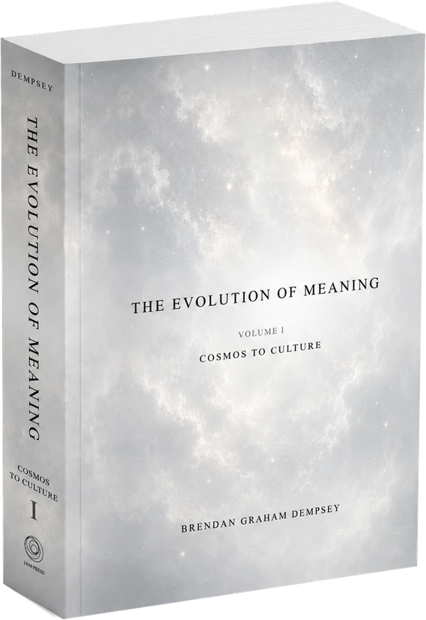 The Evolution of Meaning, Volume I: Cosmos to Culture — standing paperback, pale silver nebula cover.